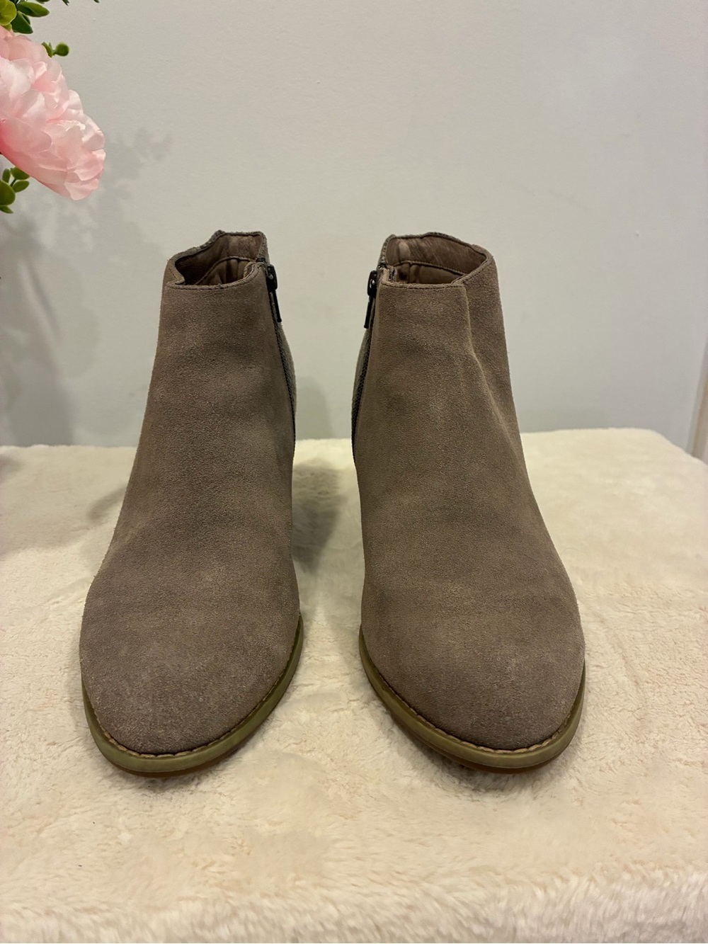 Vionic Taupe Suede Ankle Booties with Side Zip